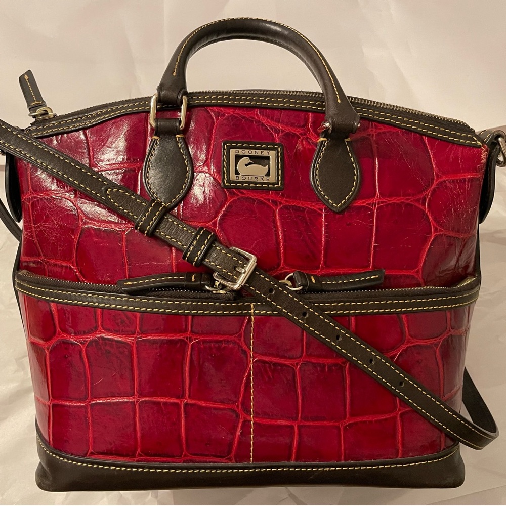Dooney & Bourke Espresso Leather Croc Embossed Zip Satchel With Shoulder Bag.